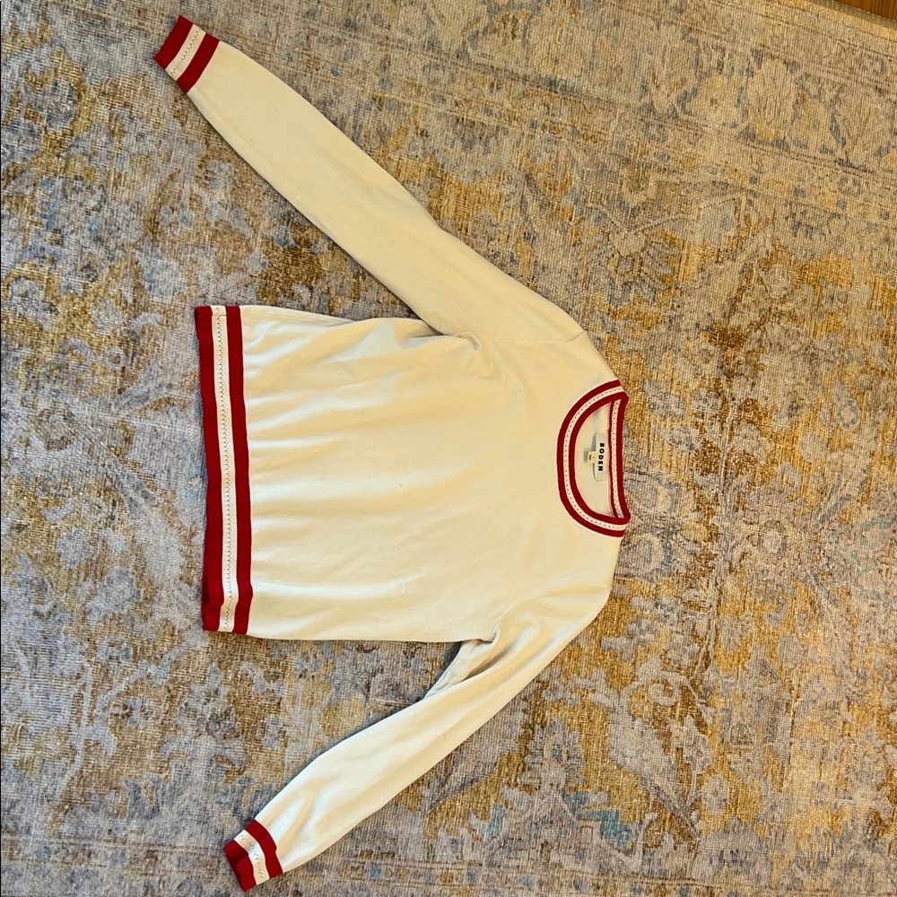 Cream Sweater with Red Stripe Trim